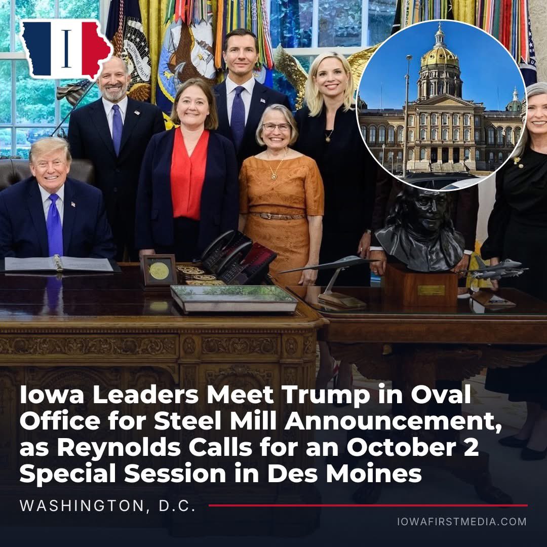 IowaFirstMedia's tweet photo. WASHINGTON, D.C. – Iowa’s female Republicans stood in the Oval Office on Monday while President Trump officially announced the largest steel plant in American history. 

Governor Kim Reynolds, Attorney General Brenna Bird, Senator Joni Ernst, Representative Ashley Hinson, and Representative Mariannette Miller-Meeks were there with Mesabi Metallics, as the company pledged more than $15 billion for a mill in southeast Iowa’s Lee County. 

Trump said American steel is roaring back. Reynolds said it changes the economic trajectory of the region. Ernst called it one of the greatest American muscle flexes in a long time. Hinson called it a game changer. Miller-Meeks cited about 6,000 construction jobs, 1,750 permanent jobs, and pay that can top $100,000. Bird thanked Trump for American jobs and Reynolds for landing the project. 

The mill will take ore from Mesabi’s new Minnesota mine, use the Mississippi River, and start making steel around 2030 at 7.5 million tons a year, with room to grow. The White House puts the decade-long economic hit at about $95 billion. 

Reynolds does not want to wait. She called the Iowa Legislature into a special session on Friday, October 2, at 8:30 AM to amend the state’s MEGA economic development program so the partnership can move forward. Iowa and Mesabi already have a memorandum of understanding. She also plans to launch Source Iowa so in-state companies can bid into the work.

Trump said he will now begin campaigning in Iowa for Hinson, Miller-Meeks, Bird, and Lahn. Lee County has been losing people by the year, so a mill this size, with river, rail, and gas attached, is the kind of project they needed to go to the White House for. Friday is when Iowa votes to keep it.

Business inquiries, corrections, story leads, or contributor requests? Email us at newsroom@iowafirstmedia.com.

Photo: @TheWhiteHouse via X (Twitter)