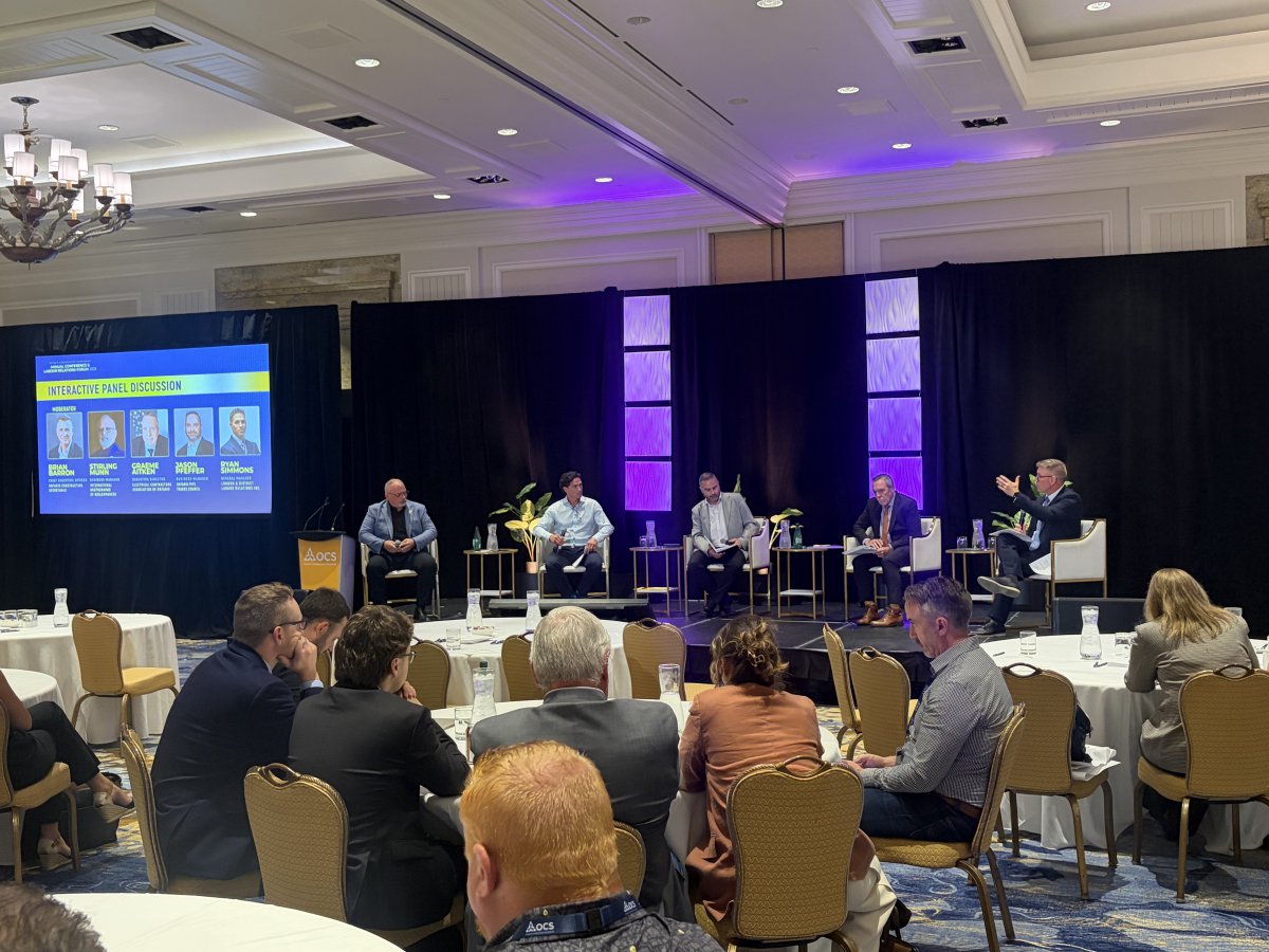 OntConstSec's tweet photo. Now underway at the OCS Annual Conference & Labour Relations Forum: a panel discussion on the Impact of Mega Projects on Ontario’s ICI Construction Sector.

OCS CEO Brian Barron is moderating the conversation, exploring how major projects are shaping the industry, workforce and labour relations landscape across Ontario.