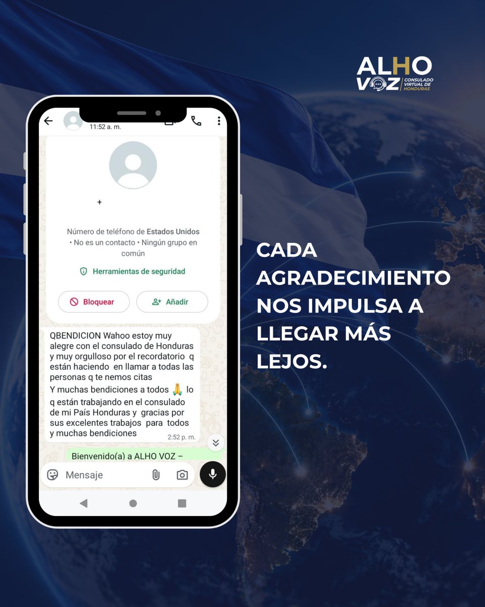 CancilleriaHN's tweet photo. La distancia no es un impedimento para brindar orientación y asistencia consular. A través de 𝐀𝐋𝐇𝐎 𝐕𝐎𝐙, 𝐓𝐮 𝐂𝐨𝐧𝐬𝐮𝐥𝐚𝐝𝐨 𝐕𝐢𝐫𝐭𝐮𝐚𝐥, trabajamos para escuchar, orientar y acompañar a los hondureños, donde quiera que se encuentren. 🤝 https://t.co/h1iQeyLsMI