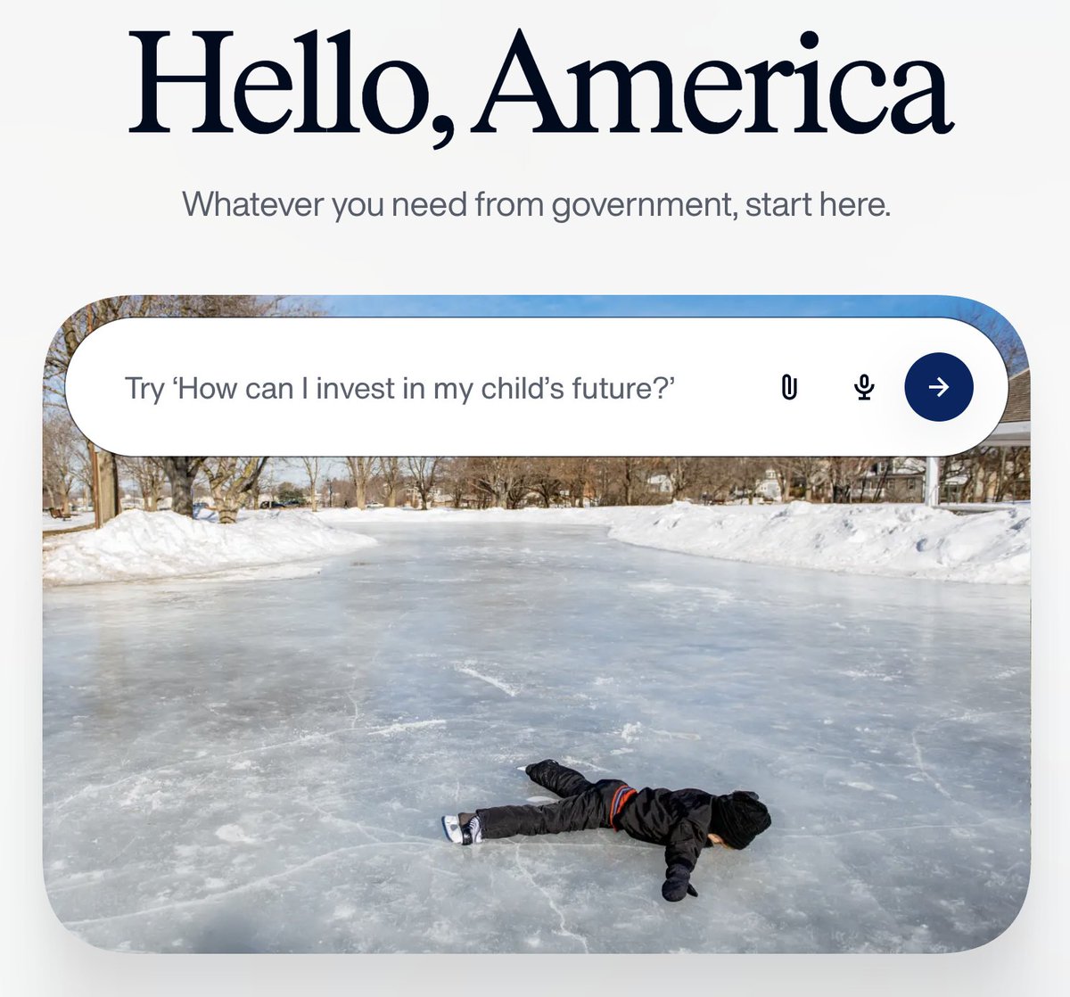 JoePerticone's tweet photo. the America dot gov AI assistant has this image of a child face down on a frozen pond with ice skates on to pair with this prompt???? https://t.co/14n8A3g384