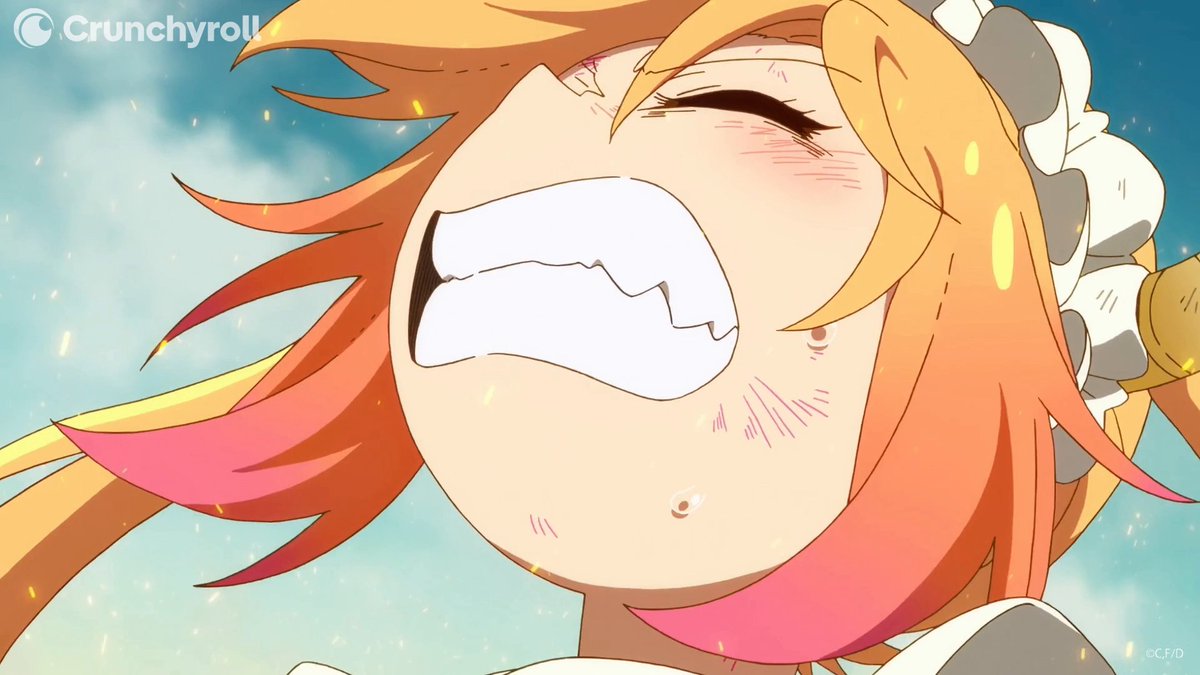 An anime character from "Miss Kobayashi's Dragon Maid S" (Crunchyroll watermark visible) with orange hair grits her teeth intensely, matching the post's caption suggesting Tohru was restraining her true power. The character's strained expression and clenched jaw visually convey the effort of holding back, while sparks float around her in the background.