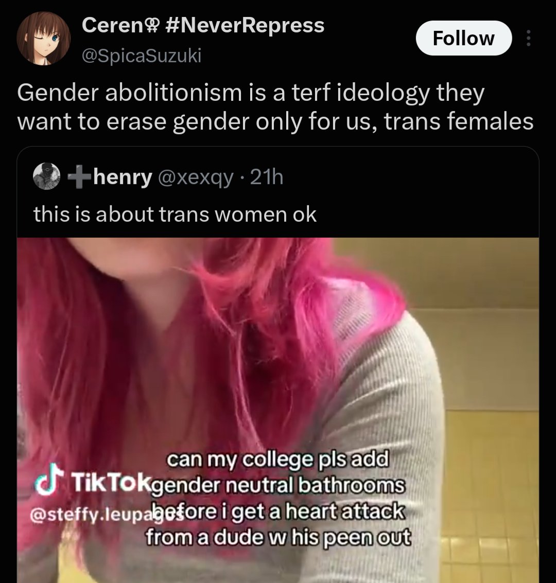Reiibies's tweet photo. you called gender abolition a terf ideology in response to someone talking about gender neutral bathrooms how stupid are you https://t.co/KBs23F0UNo