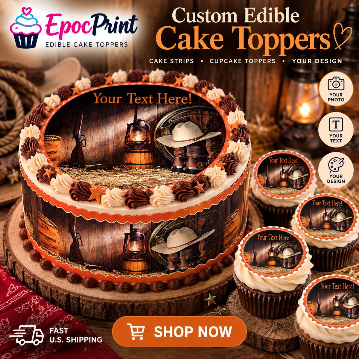 PrintsOnCake's tweet photo. 🤠🎂 Give their cake a Western twist!
Personalized edible cake toppers, matching cake strips & cupcake toppers — made for unforgettable celebrations.
✍️ Your text • 🎨 Your design • 🚚 Fast U.S. shipping
🛒 Shop Epoc-Print:
https://t.co/uxI4cuYbRZ
#EdibleCakeTopper #WesternBirthday #CowboyBirthday #EpocPrint