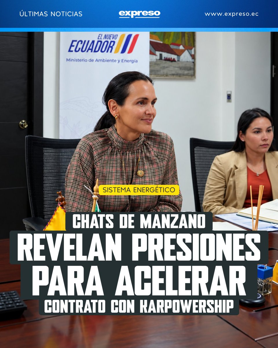 Expresoec's tweet photo. Chats de WhatsApp revelan que Inés Manzano exigió celeridad en los plazos de adjudicación de un contrato con Karpowership y amenazó con la destitución de los funcionarios que retrasaran el proceso.

Lee más 👇
https://t.co/eqQqd37TPt https://t.co/jrkQJUlRoP