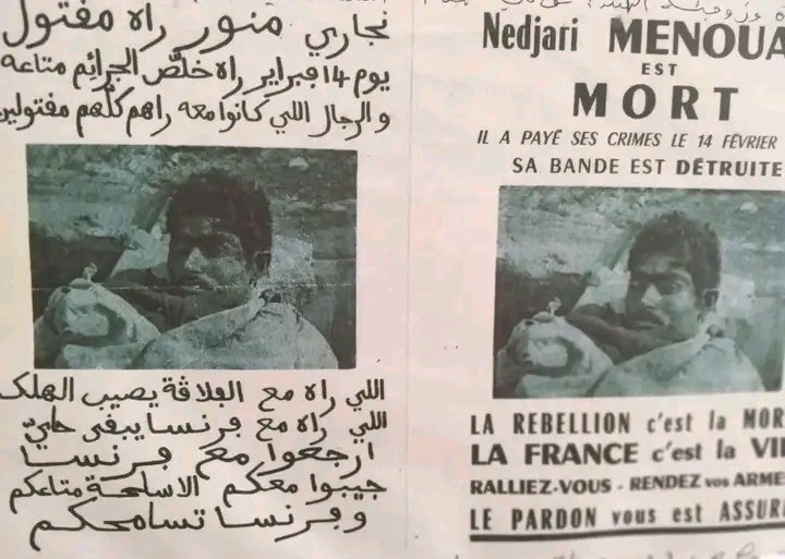 DzMilHistory's tweet photo. France placed a photograph of the body of the Algerian hero Nadjari Menouar on a propaganda poster in a failed attempt to weaken the morale of the fighters and the Algerian people https://t.co/Hb5vYYa7Si
