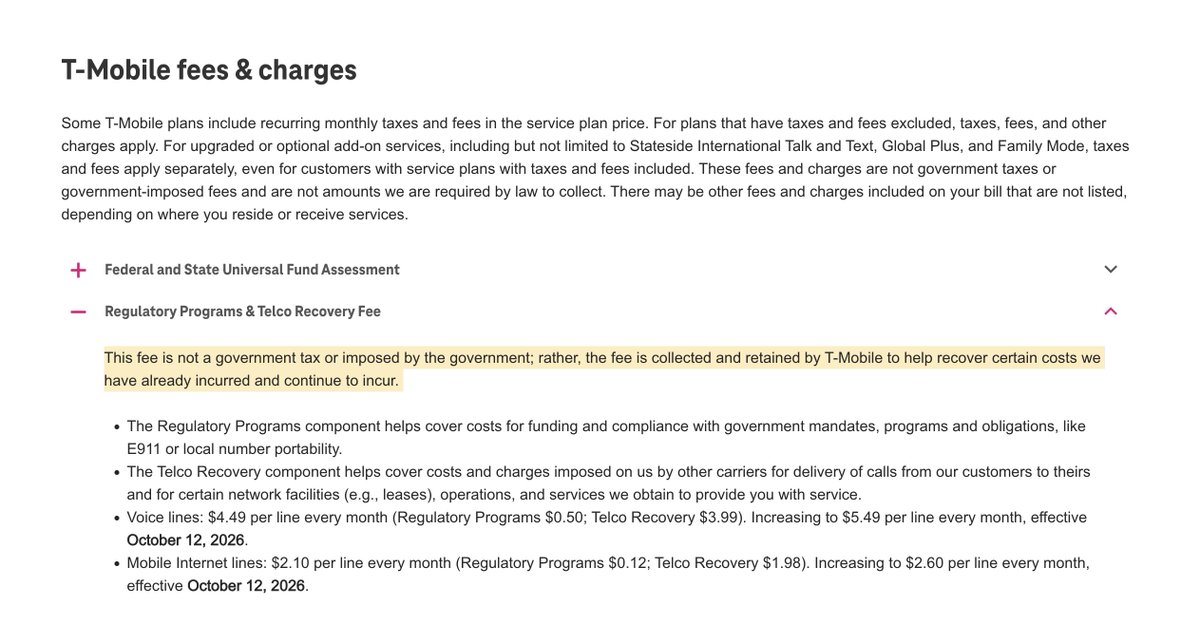 stetsondoggett's tweet photo. It turns out the Regulatory Programs &amp; Telco Recovery Fee is a fee set by T-Mobile.

"This fee is not a government tax or imposed by the government; rather, the fee is collected and retained by T-Mobile" https://t.co/yOGUe0i1tZ