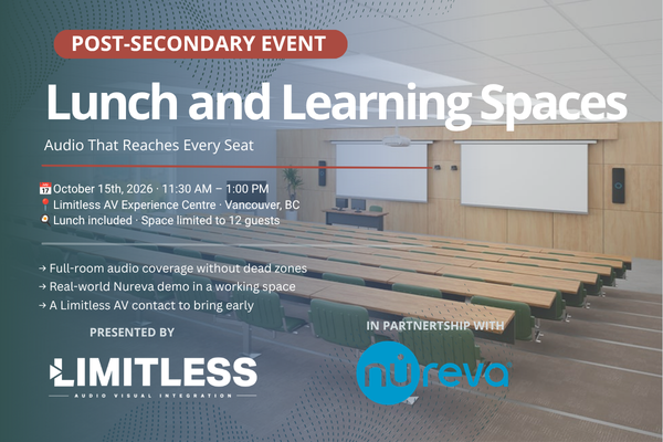 LimitlessAV's tweet photo. Our @NurevaInc event is almost here. This session is built for the people who support learning spaces at post-secondary institutions, and it is the perfect chance to get classroom audio right from the start.
👉Secure your spot: https://t.co/ivO69sae3G
#HigherEdAV #Nureva #ProAV https://t.co/22YwNIXylt