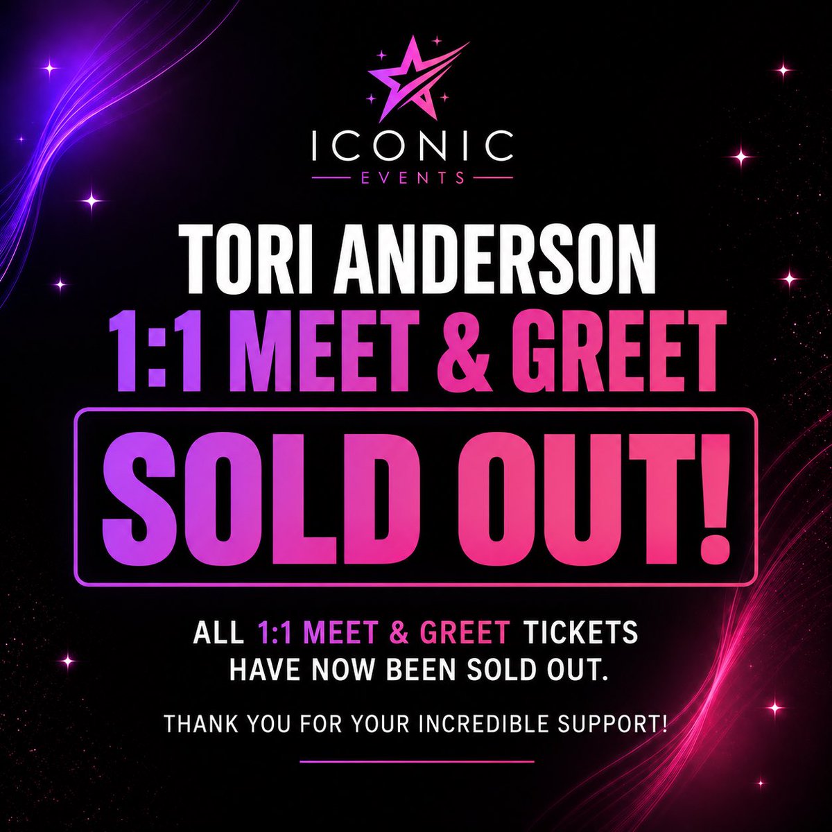 icncevents's tweet photo. 1:1 M&amp;G ARE OFFICIALLY SOLD OUT! 🔥

Every 1:1 M&amp;G spot for Iconic From Home with Tori Anderson has now been claimed! 

With both 1:1 and 3:1 M&amp;G officially SOLD OUT, we can’t thank you enough for your incredible support!

🎤 Panel + Q&amp;A tickets are still available! https://t.co/A56l9wrJkD