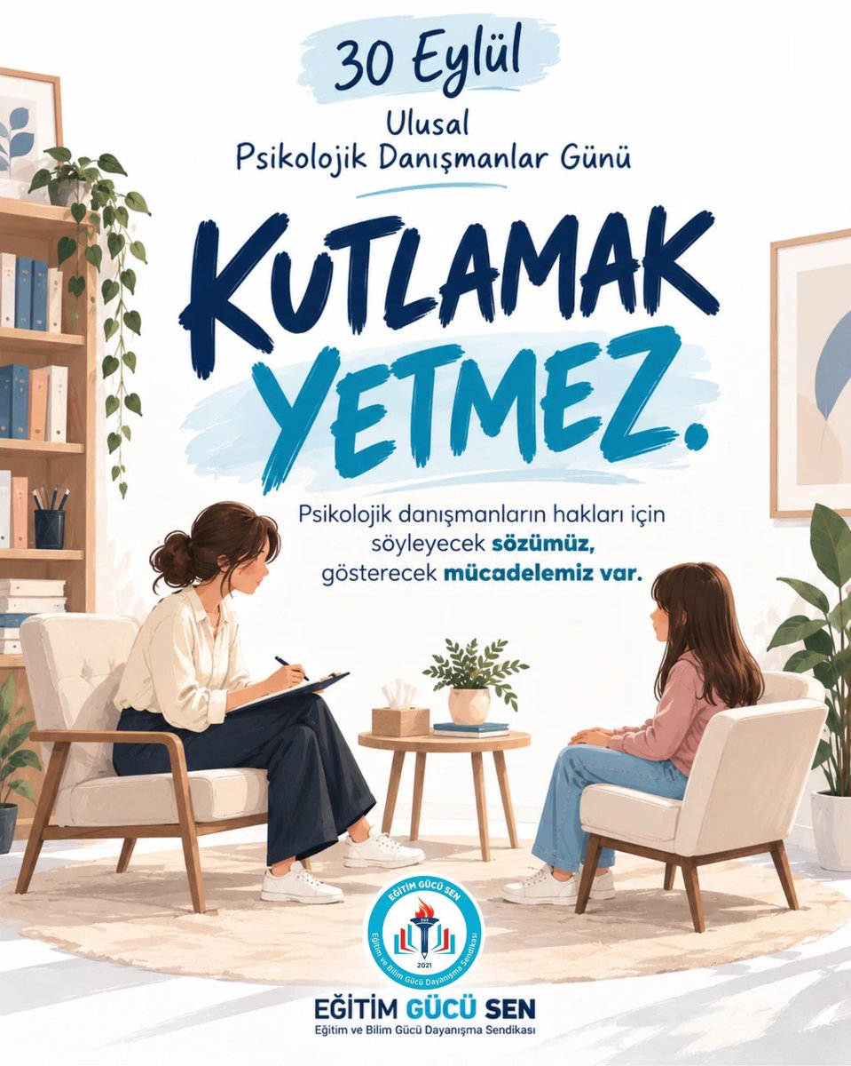 egitimgucusen's tweet photo. 30 Eylül Ulusal Psikolojik Danışmanlar Günü’nü kutluyoruz.

Ancak psikolojik danışmanların çözüm bekleyen mesleki sorunları, çalışma koşulları ve hakları ortadayken yalnızca bir gün hatırlamak ve kutlamak yetmez.

Mesleğin hak ettiği değeri görmesi için söyleyecek sözümüz, gösterecek mücadelemiz var.

Bugün kutluyoruz; yılın her günü mücadele ediyoruz.

Kutlamak yetmez.

#PDRNormuGüvenliOkul