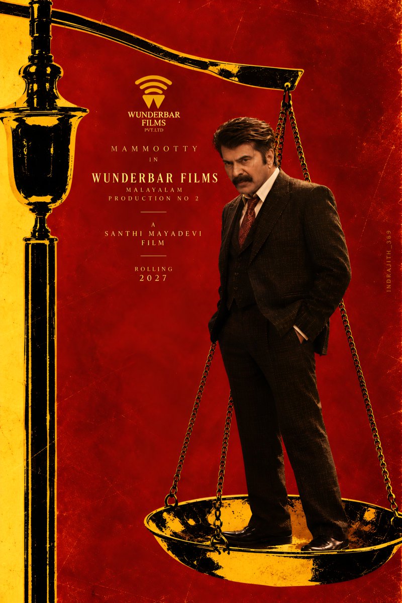 Indrajith_369's tweet photo. After Tharangam, imagining Dhanush’s Wunderbar Films making a Malayalam comeback with @mammukka  as a lawyer, directed by Shanthi Mayadevi. 🎬⚖️

Just a random fan-made poster inspired by the idea. Nothing official or confirmed. 👀

#Mammootty https://t.co/2BxWUI2UGg