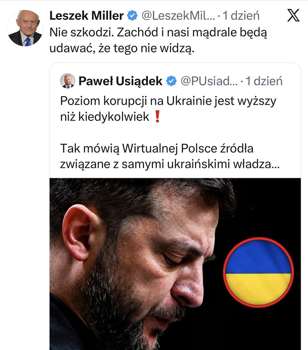 Kpelczynska's tweet photo. Czytam kolejne takie wpisy Pana Millera i krew mnie zalewa. Czas powiedzieć wprost - ten pożal się Boże były postkomuszy premier działa jak putinowski agent wpływu w Polsce.

Spotkałam wielu takich gości w Moskwie. Udawali demokratów, rozmawiali z dyplomatami, jeździli po świecie, siejąc rosyjską propagandę pod płaszczykiem „troski o pokój” i oburzenia „ukraińskim banderyzmem”. 

Tu  jest dokładnie tak samo. Niby nie poprze Putina wprost, ale we wszystkim co pisze i mówi kropka w kropkę powiela przekaz Kremla.

Wyśmiewanie incydentów dywersyjnych w Polsce w duchu: „haha, znowu się komuś zdaje, że to Putin”. 

Powielanie teksów: najważniejszy jest pokój (nie ważne na jakich zasadach). Pokój, kochani, pokój, bo trzecia wojna światowa będzie!

Rząd w Kijowie? To faszystowska mafia. Rząd w Rosji? O nim nigdy ani słowa.

No i Zachód wiadomo - jest słaby i beznadziejny. UE? -same niewydarzone słabeusze.

Ten pan jest niestety zapraszany do mediów, na konferencje i fora, jak jakiś zacny mentor publiczny. A tymczasem powinien być traktowany jak trędowaty. 

Najwyższy czas zadać pytanie, czy aby nie odwdzięcza się za zaciągnięty od KGB dług? Czy nie działa na zlecenie obcych służb? A może po prostu, czym skorupka za młodu nasiąknie, tym na starość trąci?!