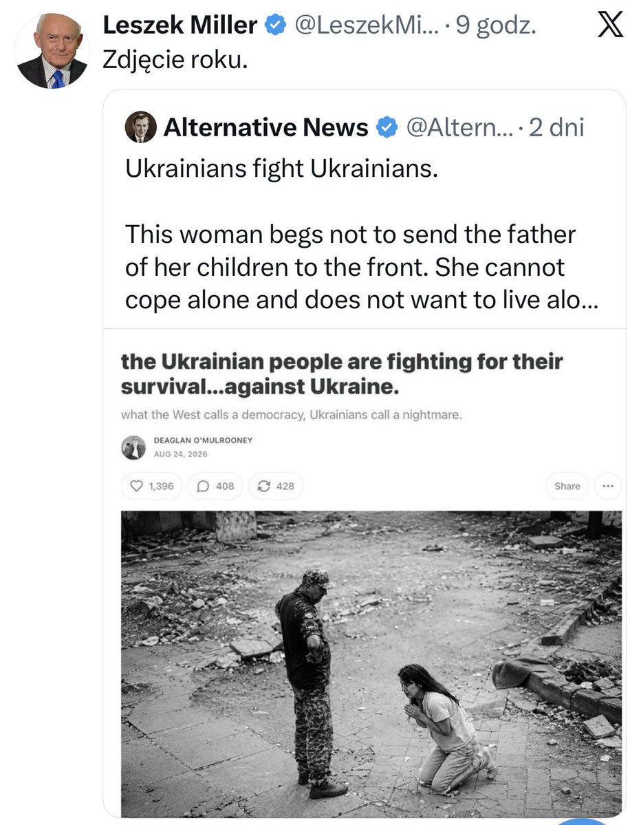 Kpelczynska's tweet photo. Czytam kolejne takie wpisy Pana Millera i krew mnie zalewa. Czas powiedzieć wprost - ten pożal się Boże były postkomuszy premier działa jak putinowski agent wpływu w Polsce.

Spotkałam wielu takich gości w Moskwie. Udawali demokratów, rozmawiali z dyplomatami, jeździli po świecie, siejąc rosyjską propagandę pod płaszczykiem „troski o pokój” i oburzenia „ukraińskim banderyzmem”. 

Tu  jest dokładnie tak samo. Niby nie poprze Putina wprost, ale we wszystkim co pisze i mówi kropka w kropkę powiela przekaz Kremla.

Wyśmiewanie incydentów dywersyjnych w Polsce w duchu: „haha, znowu się komuś zdaje, że to Putin”. 

Powielanie teksów: najważniejszy jest pokój (nie ważne na jakich zasadach). Pokój, kochani, pokój, bo trzecia wojna światowa będzie!

Rząd w Kijowie? To faszystowska mafia. Rząd w Rosji? O nim nigdy ani słowa.

No i Zachód wiadomo - jest słaby i beznadziejny. UE? -same niewydarzone słabeusze.

Ten pan jest niestety zapraszany do mediów, na konferencje i fora, jak jakiś zacny mentor publiczny. A tymczasem powinien być traktowany jak trędowaty. 

Najwyższy czas zadać pytanie, czy aby nie odwdzięcza się za zaciągnięty od KGB dług? Czy nie działa na zlecenie obcych służb? A może po prostu, czym skorupka za młodu nasiąknie, tym na starość trąci?!