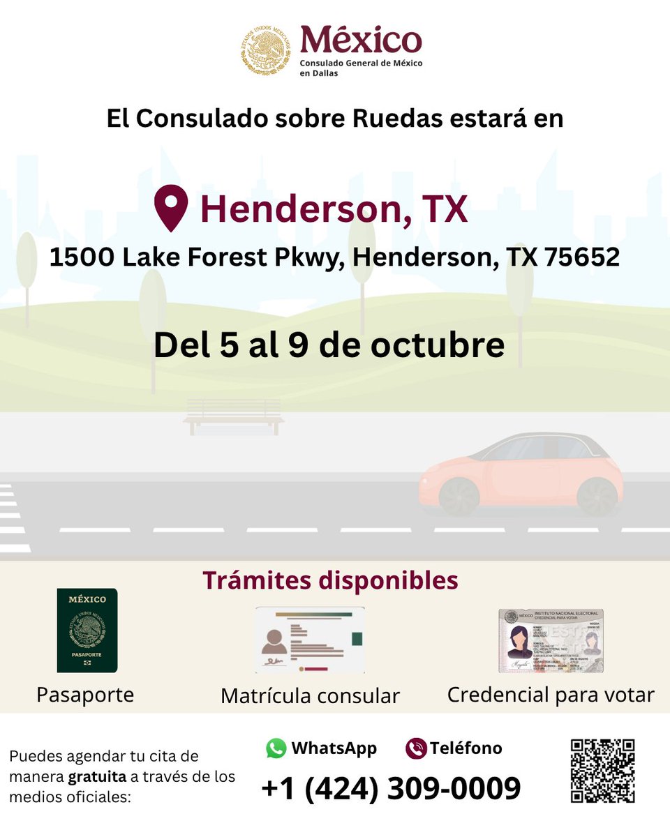 ConsulMexDal's tweet photo. ¡COMUNIDAD 🇲🇽 EN HENDERSON!   

¿Necesitas pasaporte, matrícula consular o tu credencial para votar?    

Del 5 al 9 de octubre el #ConsuladoSobreRuedas estará en #HENDESON
 
Agenda tu cita al:
☎️(424) 3090009 o al: 
💻https://t.co/jZihT4YxbT https://t.co/3aG2DTnYKJ