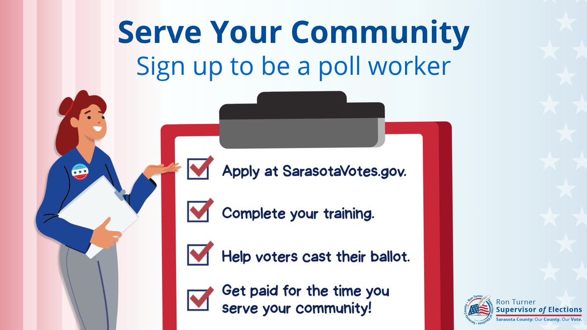 sarasotavotes's tweet photo. We need more poll workers in Sarasota County for the November 3 General Election. Poll workers are paid $240 or more per election, based on position. Learn how you can become a poll worker and apply today at https://t.co/RxcFFSXtmt https://t.co/d4a0alG66t