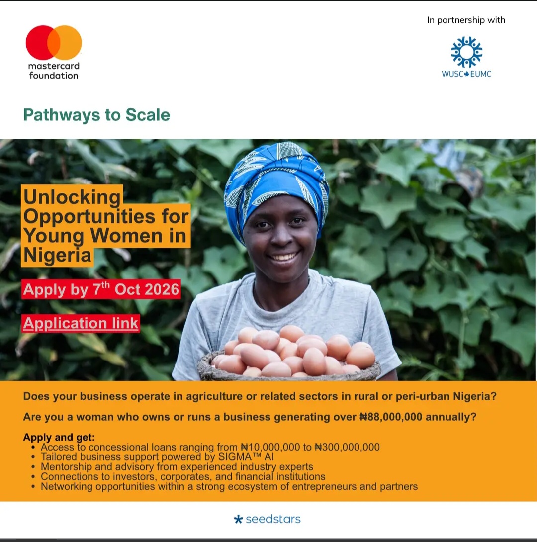 Romanspage's tweet photo. Women-led agribusiness in rural or peri-urban Nigeria with ₦88m+ in annual sales? 
Pathways to Scale Cohort 2 offers ₦10m–₦300m concessional loans, mentorship and investor access. Closes 7 Oct. Apply: https://t.co/V44URIAIYQ

 @MastercardFdn  @WUSC  @shecluded 

#NigerianSMEs https://t.co/hq5lIovzgu