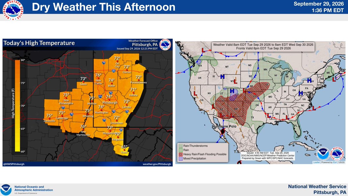 NWSPittsburgh's tweet photo. Dry weather will continue this afternoon as high pressure builds in. https://t.co/sYeLZ9pWmC