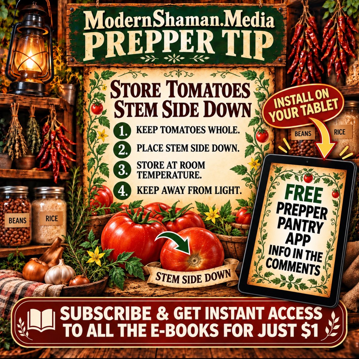 ModernShamanX's tweet photo. #PrepperTip ๐
Tomatoes: stem side down on the counter๐ก away from light๐ฟ Cut? Refrigerate๐ง 3-4 daysโฐ FULL app free on the website๐ $1 unlocks app + cookbook๐ฒ๐
๐ https://t.co/wNg5qNsjtI ๐
https://t.co/zRXCeib5Tj
#Prepper #Preppers https://t.co/ZkofTH2hi0