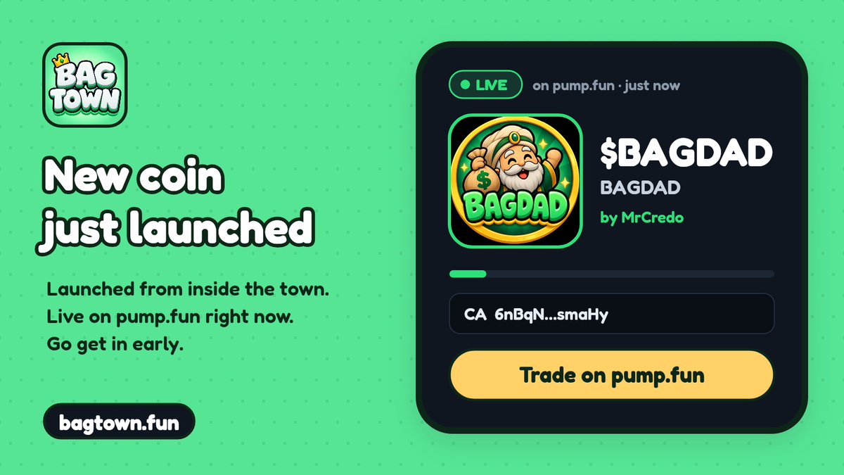 playbagtown's tweet photo. 🚀 $BAGDAD just went live in Bagtown

launched by MrCredo

🟢 https://t.co/sV9mkSIqDb

CA: 6nBqN8so6gFSvUE5uk17huDme9THVW3viAohRDHsmaHy https://t.co/yDdXkXsUUJ