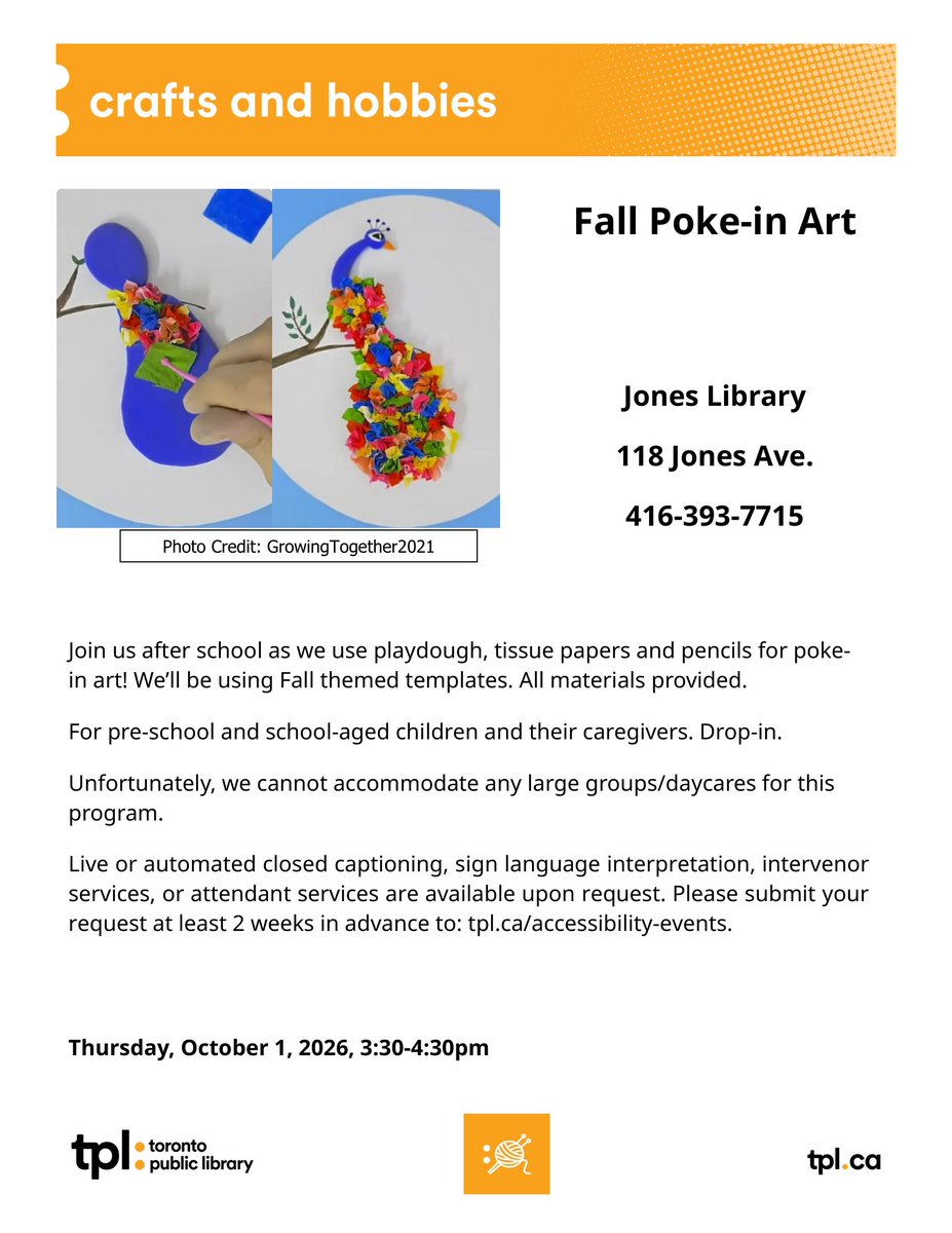 TPLJonesLibrary's tweet photo. Join us this Thursday afterschool to try poke-in art using Fall templates!

3:30-4:30pm
Drop-in https://t.co/qtwrGISP57
