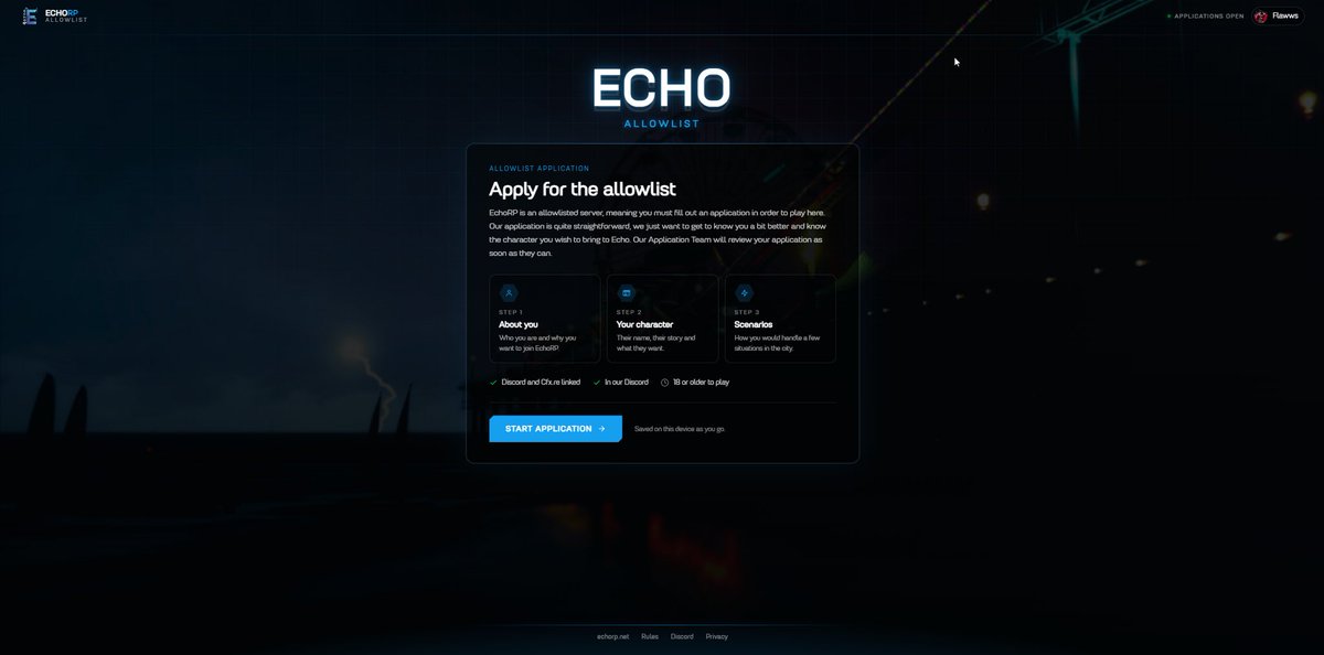 _echorp's tweet photo. Our Allowlist application panel has been completely reworked and redesigned. With that, we made some serious QOL improvements, including the ability to view your application position.

We also took this opportunity to remove the application pass.

Apply: https://t.co/tK6cfjsaqi https://t.co/UWXhOBKy3v