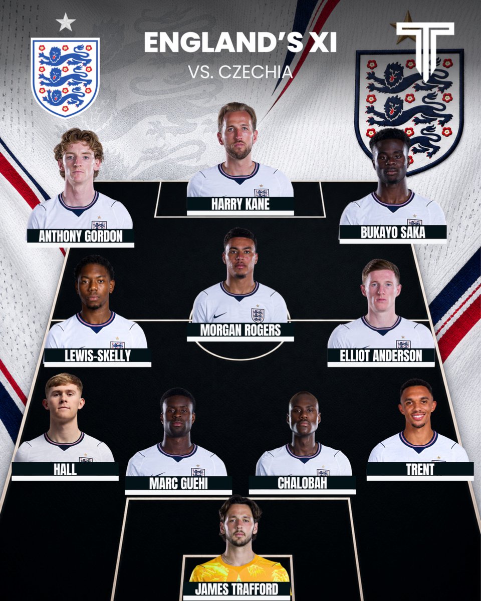 TouchlineX's tweet photo. 🚨 𝗢𝗙𝗙𝗜𝗖𝗜𝗔𝗟: England XI in their Nations League against Czechia! 🏴󠁧󠁢󠁥󠁮󠁧󠁿💫 https://t.co/gUGhZwBH3m