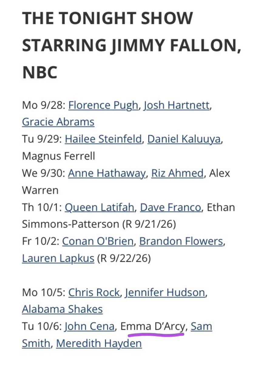 EmmaDsupremacy's tweet photo. Emma D’Arcy is scheduled to appear on "The Tonight Show Starring Jimmy Fallon" on Tuesday 6th October 2026 https://t.co/4luPTuY8Hr