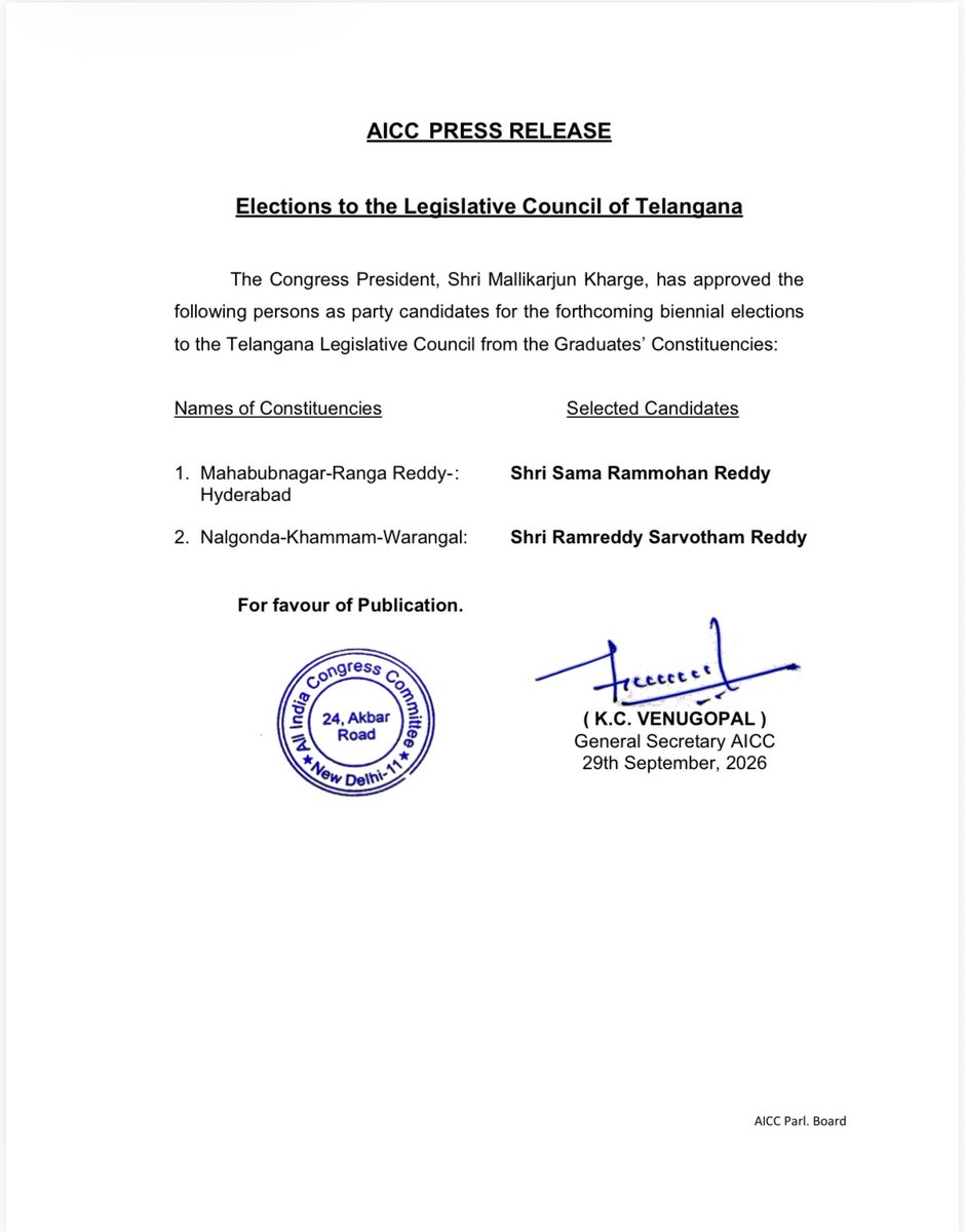 VijaySaathaa's tweet photo. Congress Graduates’ MLC Candidates

Mahabubnagar–Ranga Reddy–Hyderabad: Sama Rammohan Reddy

Nalgonda–Khammam–Warangal: Ramreddy Sarvotham Reddy https://t.co/UMEUx0b2Dn