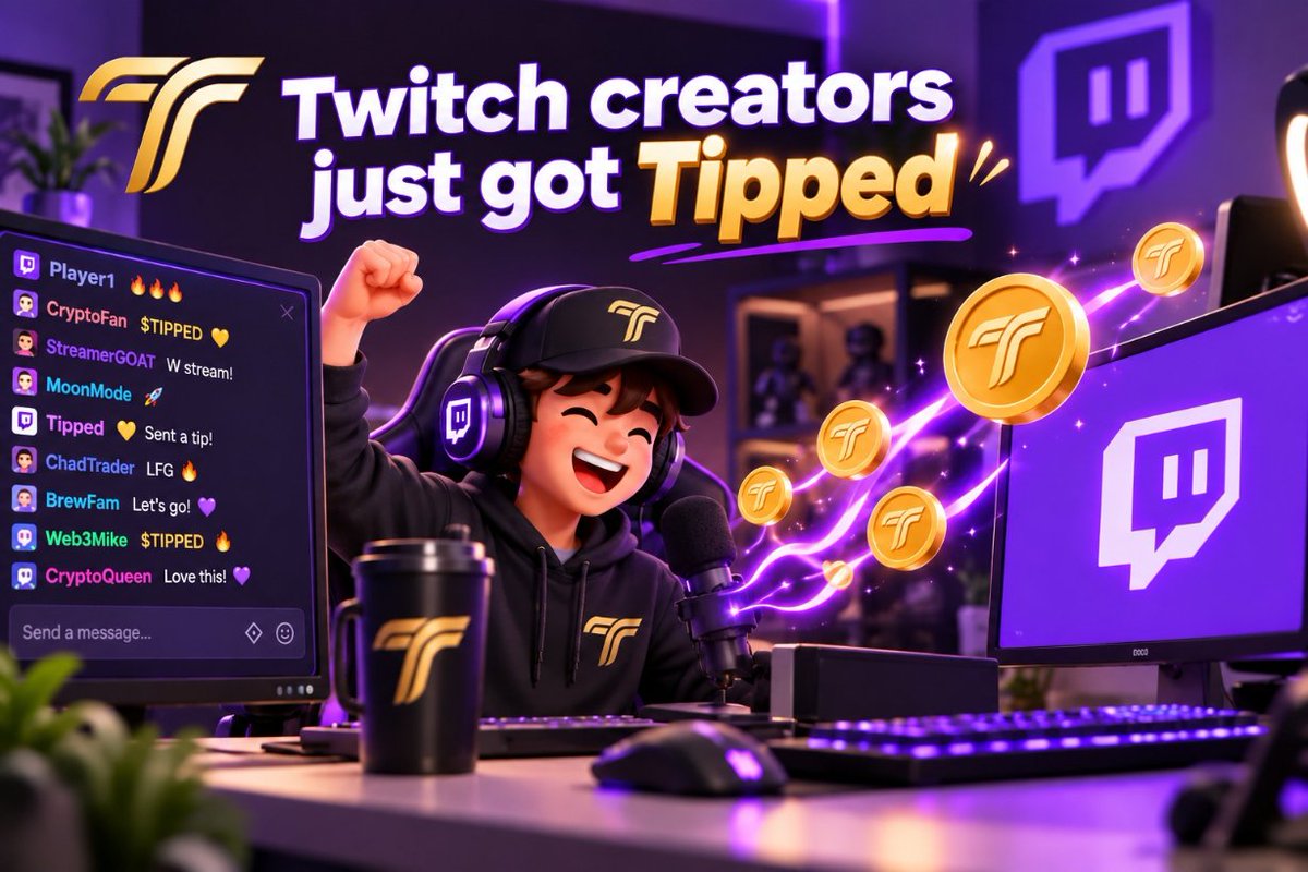 Tippedonbrew's tweet photo. Tipped is now connected directly with Twitch. 

Another creator ecosystem, another way to get rewarded. Tipped is expanding.

https://t.co/1huCZmPleW https://t.co/4uO3oOaWhY