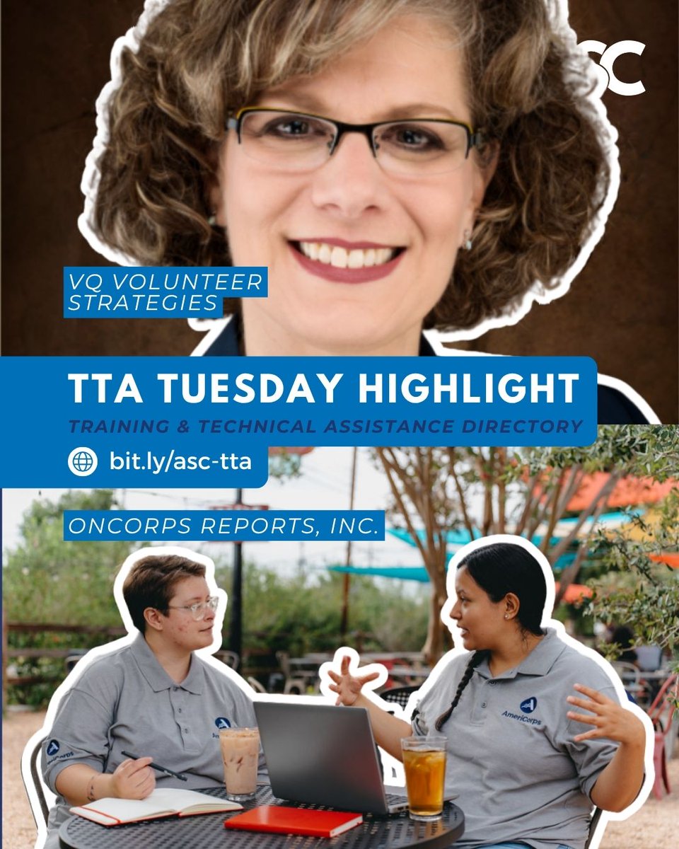 statecommission's tweet photo. TTA Tuesday Highlight💡
This Tuesday, we are highlighting VQ Volunteer Strategies and OnCorps Reports, Inc. who are listed in our TTA Directory.
Read about their services below!
View the TTA Directory here: https://t.co/5ttChwG986
#americorps #statecommission #asc https://t.co/QFemcd3CHX