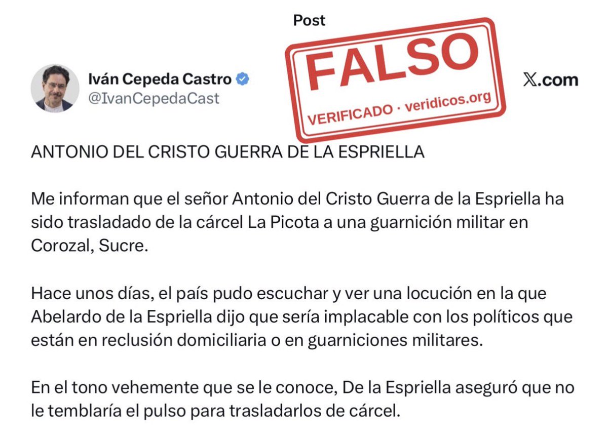 AbelardoPTE's tweet photo. .@IvanCepedaCast no para de mentirle al pueblo.

Este deleznable sujeto ha basado toda su carrera política en mentir y desprestigiar a los demás, por eso su credibilidad está por el suelo e incluso su electorado no se siente representado por él.

Es Falso que Antonio Guerra De La Espriella haya sido trasladado.
