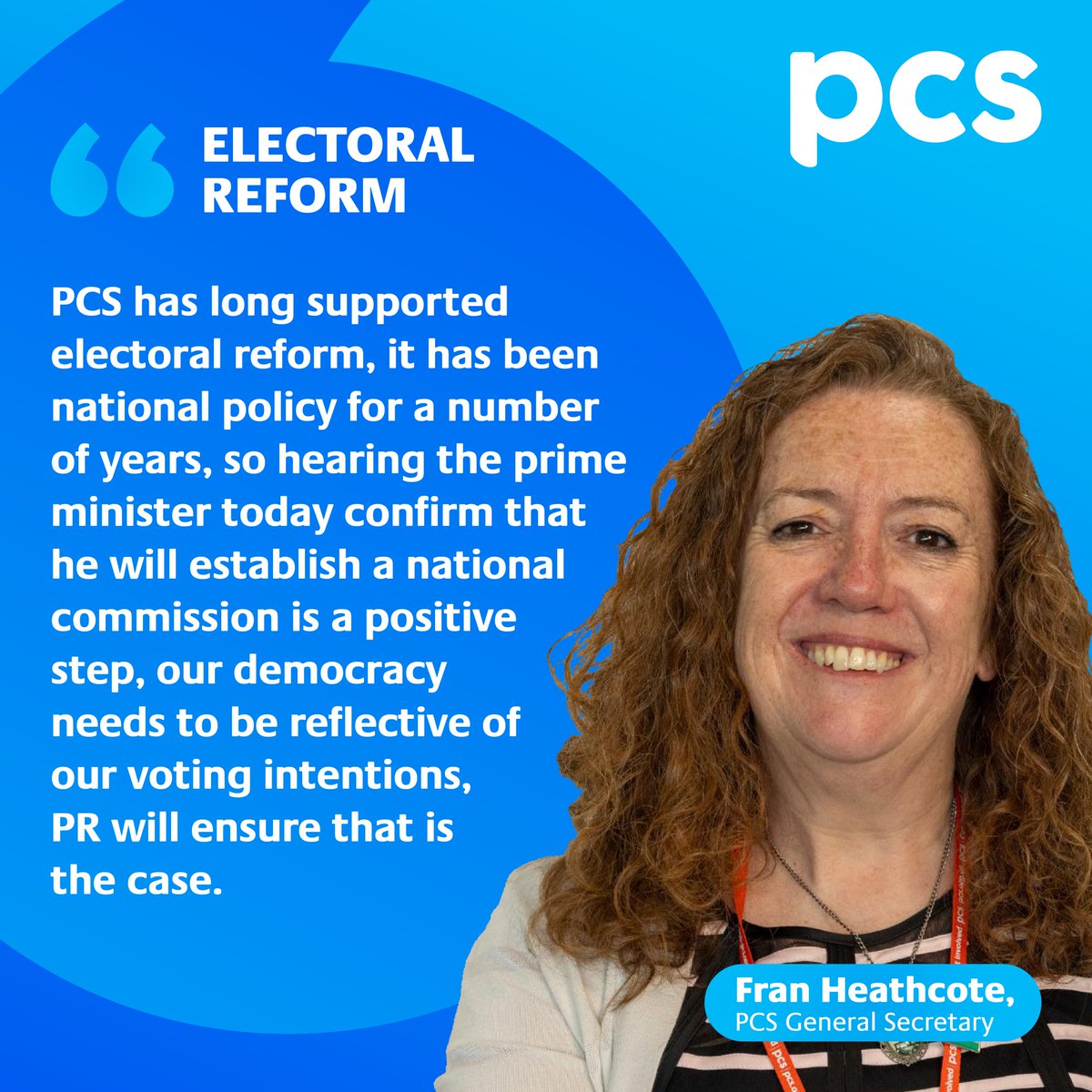 pcs_union's tweet photo. PCS General Secretary Fran Heathcote has given her response to PM Andy Burnham's plans for a new national commission on electoral reform #Labour2026 https://t.co/57uRLVMQtG