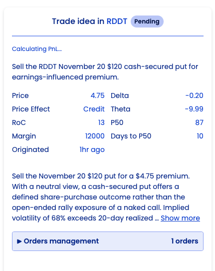 TradedalHQ's tweet photo. $RDDT trade idea for the stock to sell 120 #CSP in November
With 20 delta put it generates 13 annualized return (estimated) on capital. https://t.co/1TlhRGMd8D
