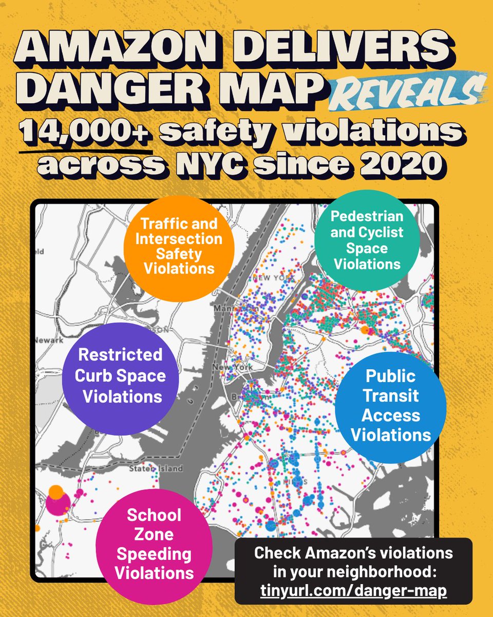 ALIGNny's tweet photo. Amazon delivers danger.

Amazon amassed over 14,000 safety violations since 2020, including thousands of citations for speeding in school zones, blocking fire hydrants, running red lights, and more.

▶️Check out the Amazon Delivers Danger Map: https://t.co/wxCuNsvzjd https://t.co/XvAZVdwNzr