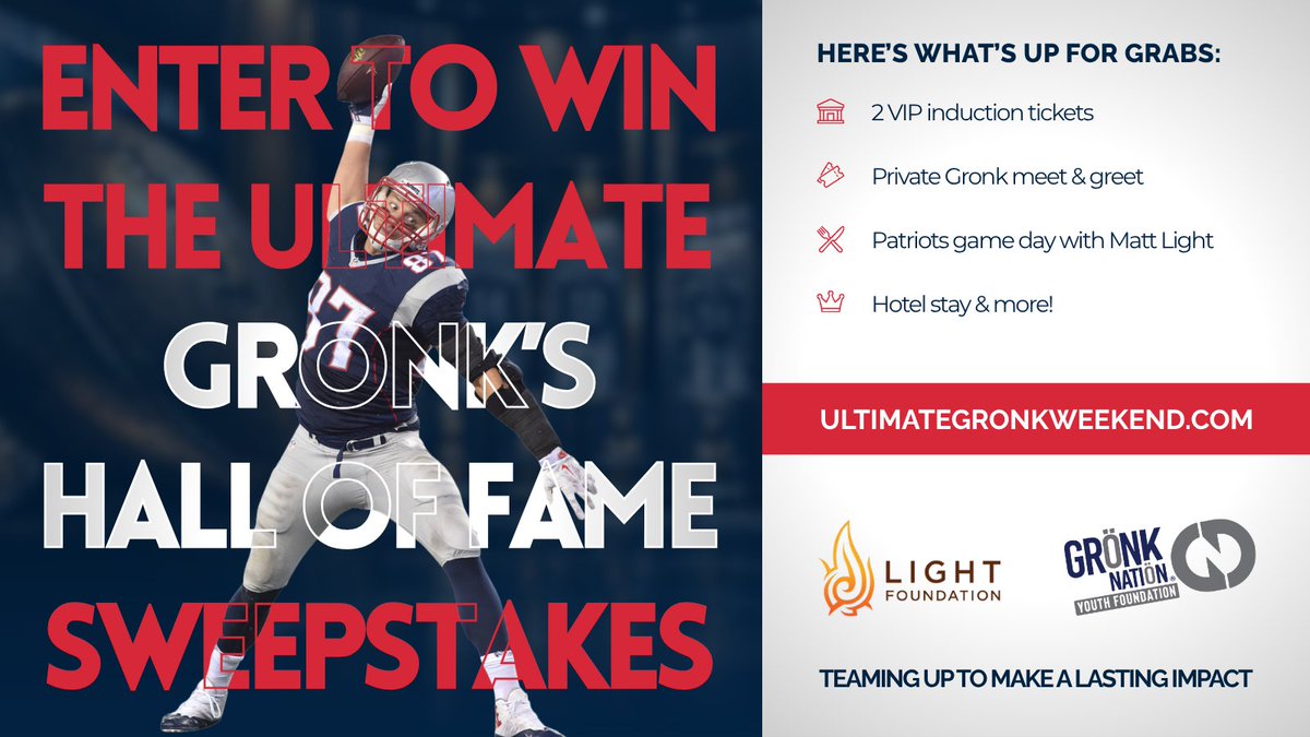 LightFoundation's tweet photo. Gronk's Hall of Fame Sweepstakes is LIVE!

Enter to win a VIP weekend featuring a private Gronk meet &amp; greet, Patriots game day with Matt Light &amp; more!

Supporting the Light Foundation + Gronk Nation Youth Foundation.

🎟️ Enter now: https://t.co/jzJ8ixqbyN https://t.co/hrQHhJcvZX