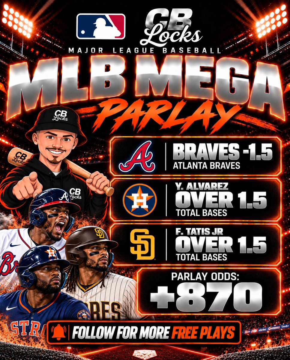 CBLocksss's tweet photo. ⚾️🚀 MLB MEGA PARLAY (+870)

• Braves -1.5 
• Y. Alvarez Over 1.5 Total Bases
• F. Tatis Jr Over 1.5 Total Bases

$60 ➡️ $581

YOU DON’T WANT TO MISS THIS. SEE YOU AT THE MOON.💥 https://t.co/10JibEWe8G