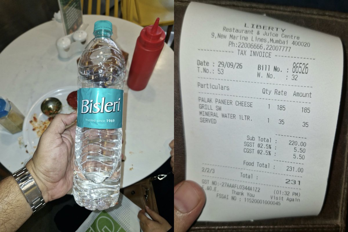 ilyasilukhan's tweet photo. BREAKING | खुलेआम MRP उल्लंघन: ₹20 का पानी ₹35 में! मुंबई के रेस्टोरेंट में नियमों की उड़ी धज्जियां

​📍 Liberty Restaurant &amp; Juice Centre, New Marine Lines, Mumbai

🧾 बिल: Mineral Water 1Ltr = ₹35 (ऊपर से टैक्स अलग)

#Overcharging #Mumbai #LibertyRestaurantAndJuiceCentre https://t.co/IHYRHwLgbh