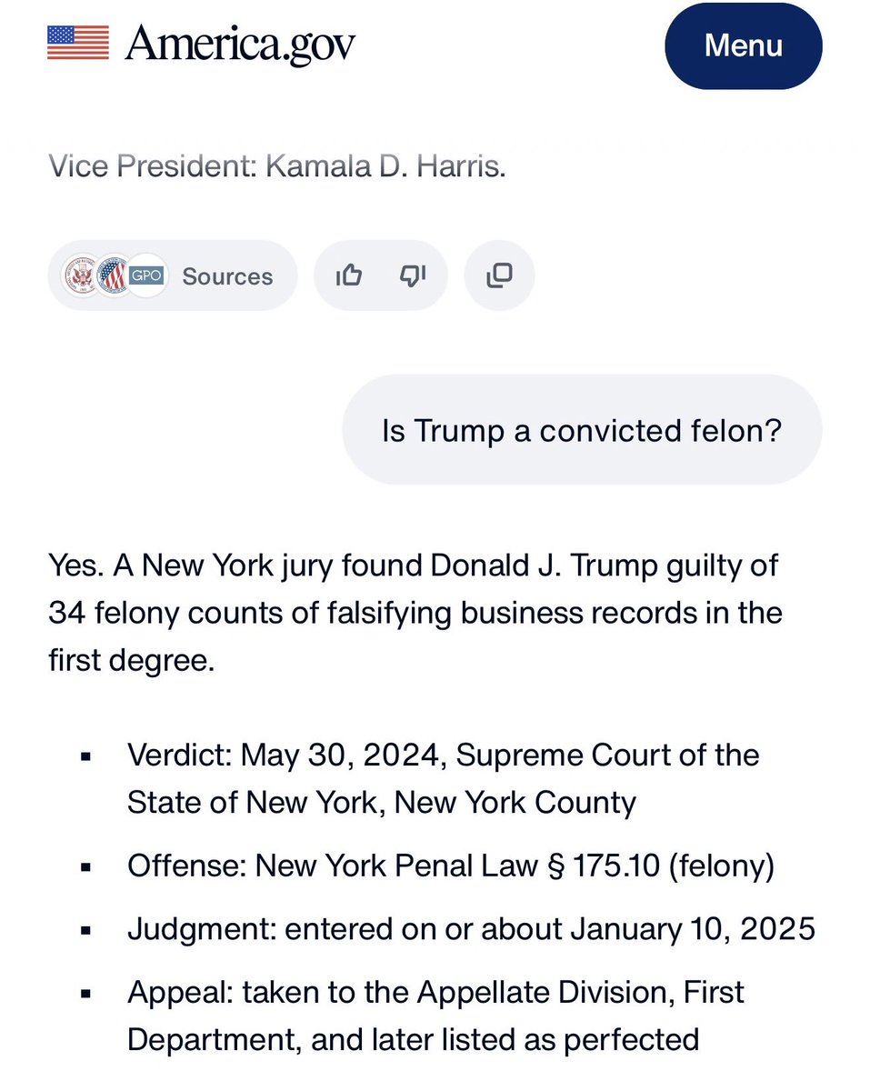 harryjsisson's tweet photo. Donald Trump’s new AI chat bot has confirmed that Trump is a criminal. Glad we’re all on the same page here! https://t.co/mbeuzDtj0S