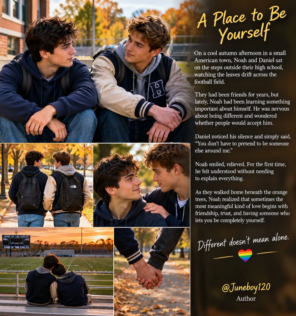 juneboy120's tweet photo. A PLACE TO BE YOURSELF 🌈

On a cool autumn afternoon in a small American town, Noah and Daniel sat on the steps outside their high school, watching the leaves drift across the football field.

They had been friends for years, but lately, Noah had been learning something important about himself. He was nervous about being different and wondered whether people would accept him.

Daniel noticed his silence and simply said, “You don’t have to pretend to be someone else around me