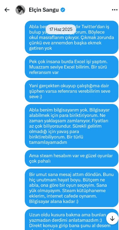 Hesapemre27372's tweet photo. Geçen yıl Elçin Sangu'ya bir DM attım. PC oyunları çok pahalı ben de fakirim. Oyunlara ilgisi var diye şansımı denemek istedim

Döndü, 'hangi oyunu seçersen seç' dedi. Beni inanılmaz mutlu etti. Benim için unutulmaz bir hediye oldu.

Allah birini bin etsin. Ne desem az gerçekten https://t.co/brhzcGUGnX