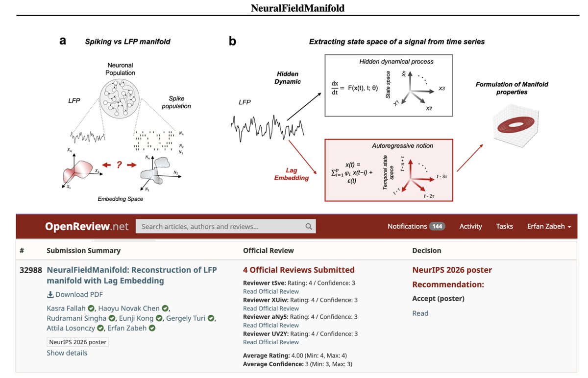 ZabehErfan's tweet photo. Now accepted at @NeurIPSConf 2026: NeuralFieldManifold 🎉
#NeuralManifolds have transformed how neuroscientists think about population activity—but almost all of that story has been built around spikes. We extend that doctrine to the world of subthreshold brain activity (LFP, EEG, ...).
Camera-ready + tutorials coming out soon.
Great work by @KasraFlh , @NovakHChen , and @RudramaniSingha , with @eunji_kkong , @gergelyturi1 , and @attila_losonczy  helping the formulation comes to real brain data.
Come check us out at NeurIPS 2026, I guess in #Atlanta …