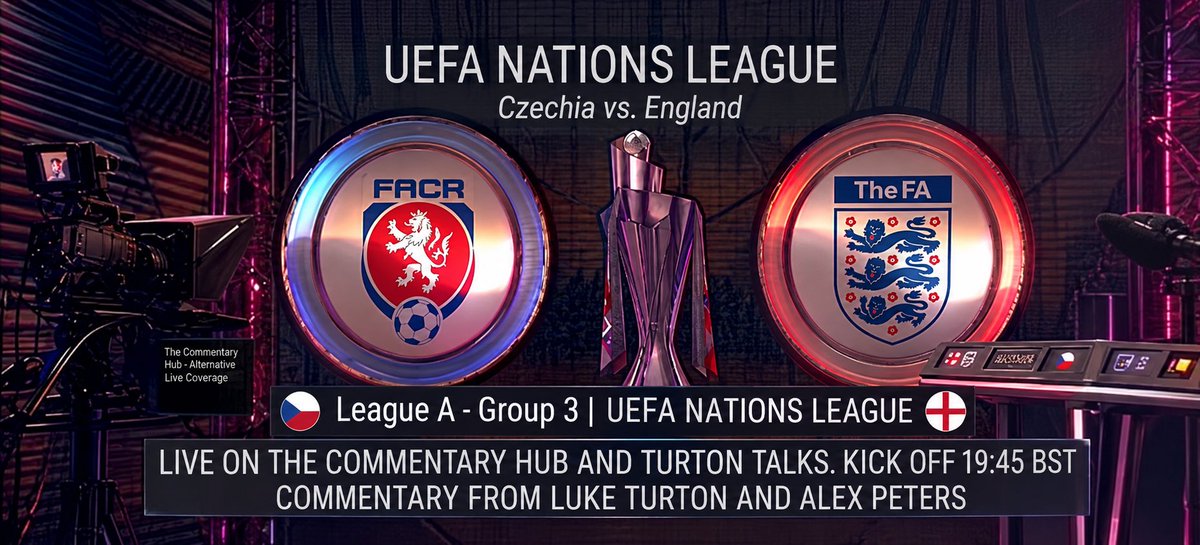 CommentaryLive1's tweet photo. 🇨🇿 CZECHIA 🆚 ENGLAND 🏴󠁧󠁢󠁥󠁮󠁧󠁿

🎙️ LISTEN LIVE TONIGHT! ⚽🔥

🕢 Kick-off: 19:45 BST
🎧 Live alternative commentary: Luke Turton &amp; Alex Peters
📻 Listen live on The Commentary Hub &amp; Turton Talks

👍 Like &amp; subscribe on YouTube.

#Czechia #England #UEFANationsLeague #TheCommentaryHub https://t.co/az26zozVGi