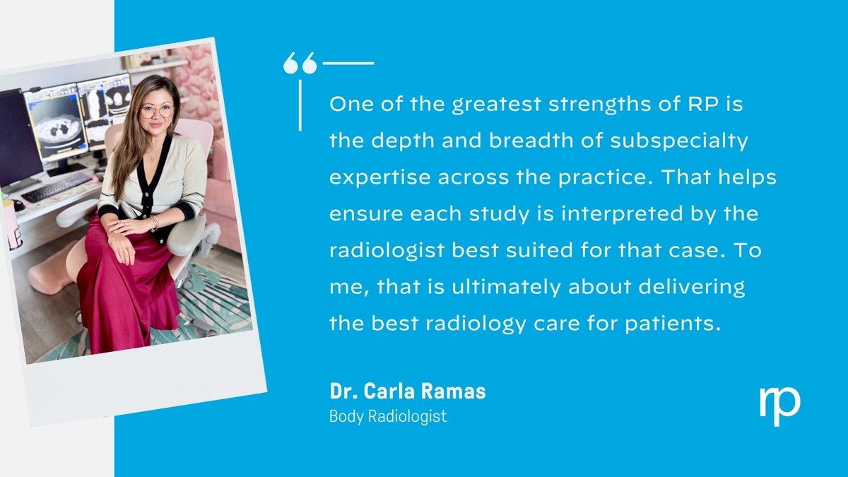 Rad_Partners's tweet photo. One of the things Dr. Carla Ramas values about RP is the expertise of her colleagues. RP’s size & scale bring together radiologists with deep knowledge across many subspecialties, giving them the opportunity to learn from one another & provide the best possible care for patients.

Read more: https://t.co/siR2dpy3BC