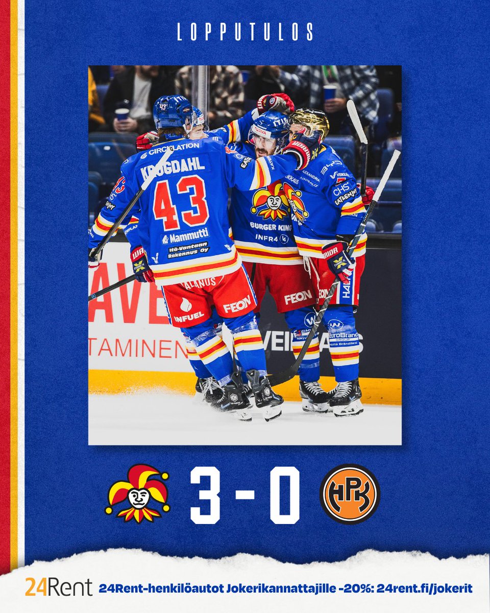 jokerithc's tweet photo. JOKERIT VOITTAA! 🔴🟡

Huikea meno! Hännikäinen x2, Caito x1, Karhuselle nolla!

Seuraava kotipeli: to 8.10. vs. HIFK. Liput: https://t.co/Xn9NTRx3uB

Lopputuloksen tarjoaa @24rent. Vuokraa autot PK-seudulla -20%: https://t.co/qBEtqkhmm0 – #24rent

#Jokerit #Liiga https://t.co/ee0PvmeaX7