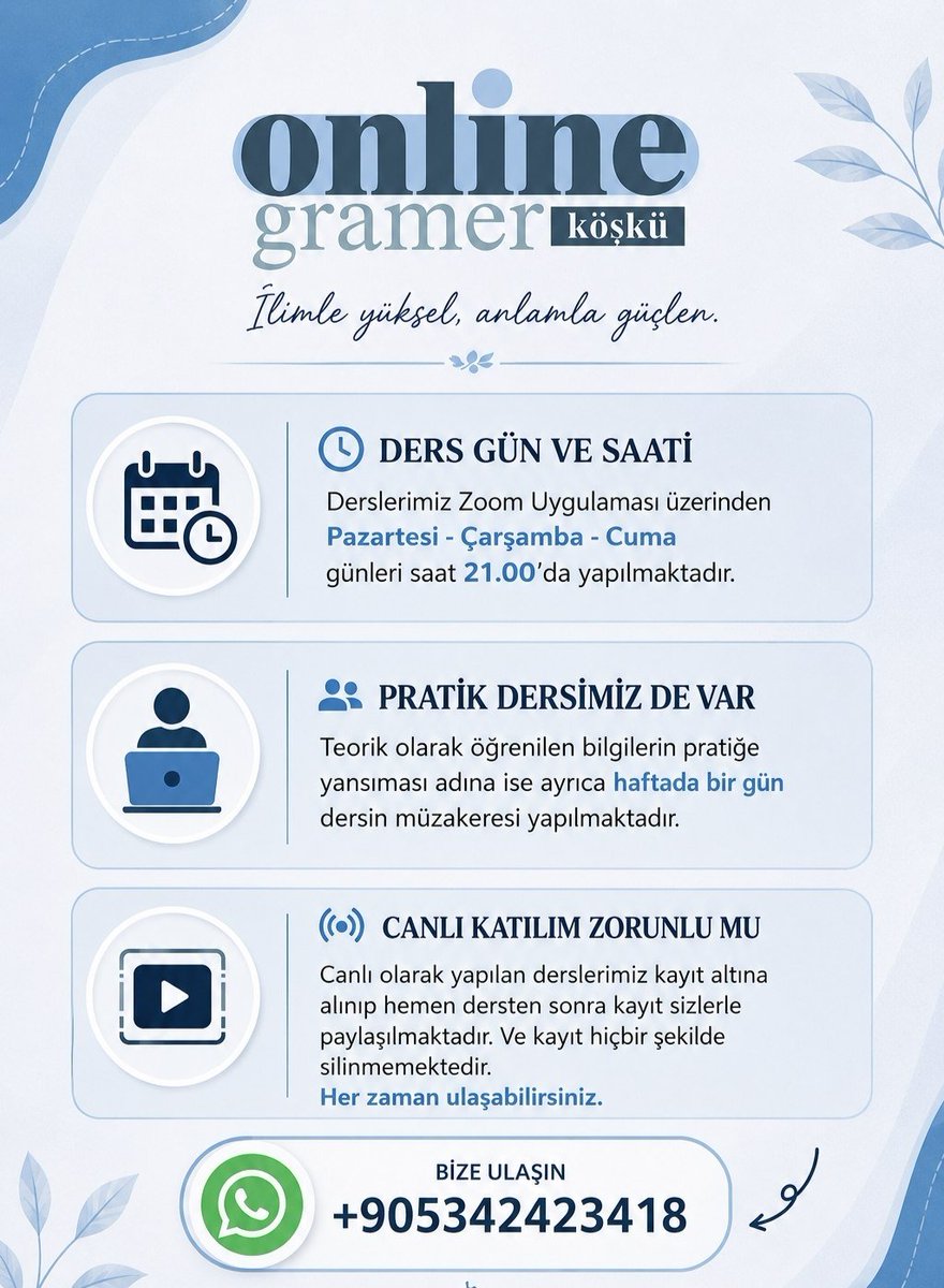 onlinegramer's tweet photo. 📢 İdeal Ve İddialı | Online Gramer Kursu

📚12 Ayda Arapça (Nahiv Sarf) öğreten Online Kursumuza davetlisiniz.

📚Bol bol Tahlil, bol bol İrab ve bol bol Ezber kartları ile buluşturuyoruz.

📚Derslerin kaydı hususi paylaşılacaktır.

☎️ 0534 242 34 18 | WhatsApp https://t.co/alEA533lEz