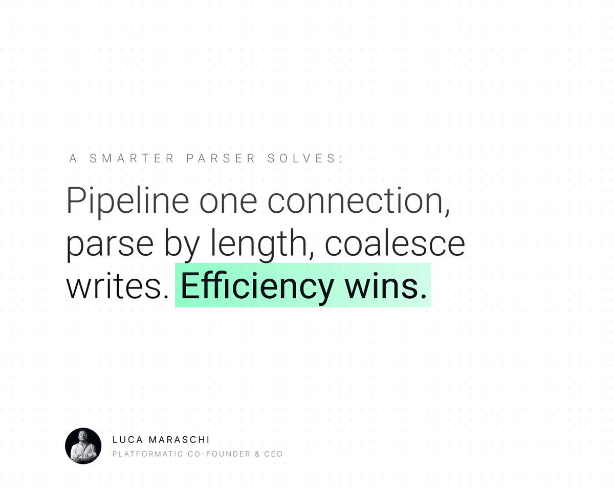 lucamaraschi's tweet photo. Here’s a lesson from @matteocollina deep dive into our memcached client:

A single pipelined connection outperformed a ten-connection pool from legacy @nodejs clients. Same server, same loopback, same Node version.

💡 The result? Our approach delivered triple the throughput of the fastest alternative.

Why did the old clients need connection pools? They couldn’t pipeline efficiently. With a smarter parser, you unlock performance: pipeline on a single connection, parse by length for speed, and merge writes for efficiency. No extra cost, just better engineering.

Pooling still matters when you need to handle large values that could block a pipelined connection. That’s what poolSize is for. But let’s be clear: pooling should solve real scaling problems, not compensate for slow parsing.

How many connections does your busiest cache client open, and why?
