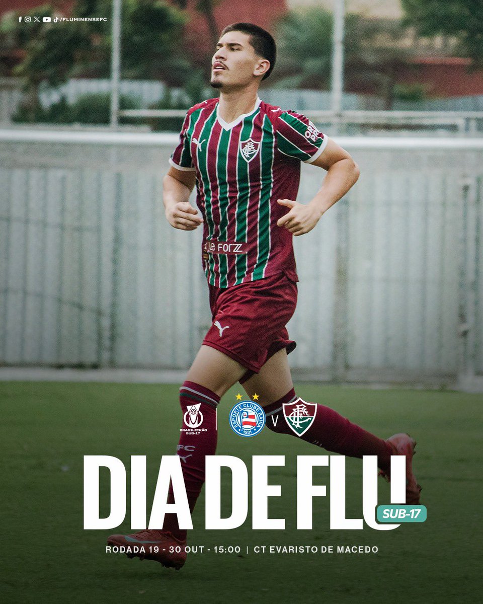 FluminenseFC's tweet photo. 🏆 Brasileirão Sub-17 | 19ª rodada
🇭🇺 Bahia x Fluminense
⏰ 30/09 | 15h
🏟️ CT Evaristo de Macedo
#DiaDeFlu #MlksDeXerém https://t.co/0jfRRlTqac