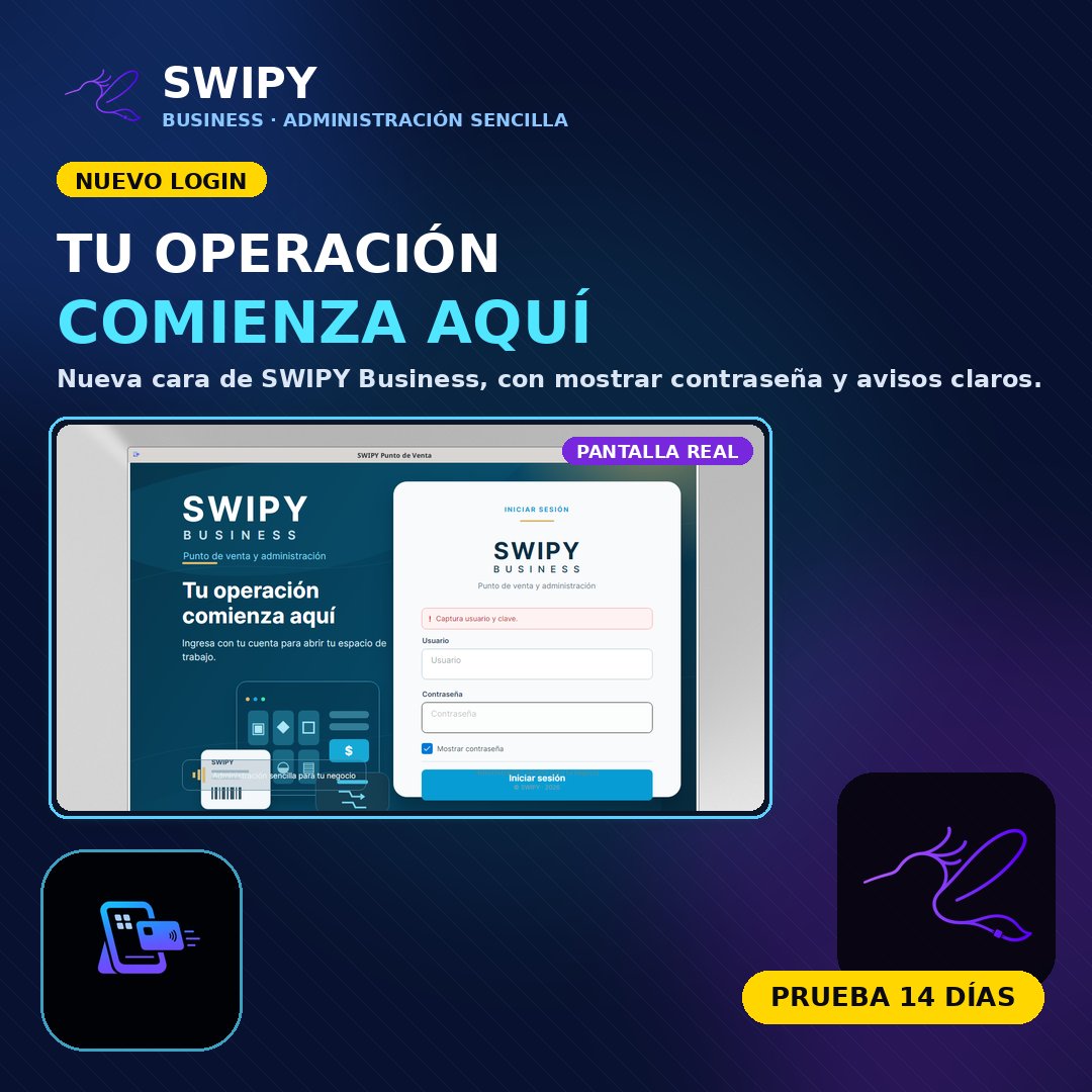Swipy_app's tweet photo. Nueva cara para entrar a SWIPY Business: más clara, con ver/ocultar contraseña y avisos cuando falta un dato. Tu operación comienza aquí. Prueba gratis 14 días. #SWIPY #POS #Mexico https://t.co/xLlx4dkXXK
