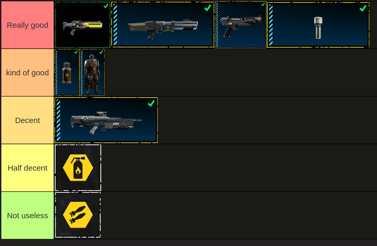 Unknown4me1's tweet photo. Time for correct opinion on new warbond

Generally it's sort of good, especially with explosives, but boosters are kinda below mid, else is pretty good tho

Laser SMG ofc took the spotlight, well ofc, it's superstore weapon

(more in comments) https://t.co/YYzPg62ovs