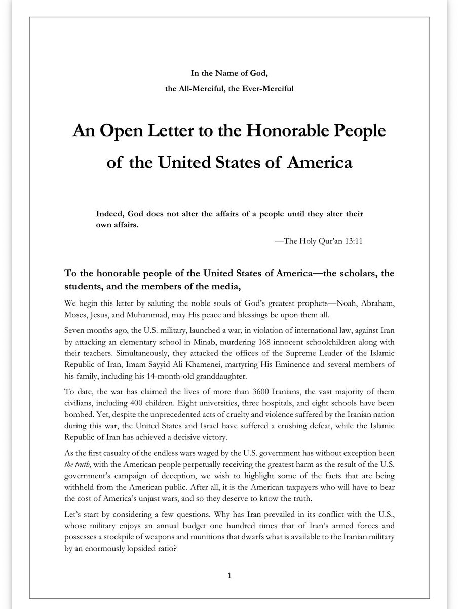 proamericapol's tweet photo. 🚨BREAKING: Iran releases a 26-page long letter to the "honorable" American people. 

After 50 years of killing and terrorizing American citizens and chanting "death to America" President Trump has Iran completely and utterly on their knees.

This is absolutely incredible. https://t.co/ReJwfvP6VR