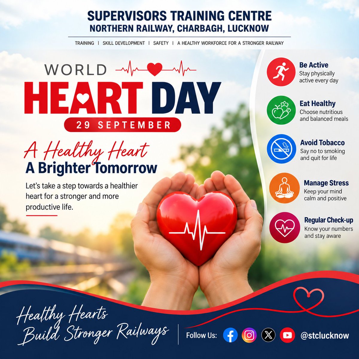 stclucknow's tweet photo. ❤️ World Heart Day | 29 September ❤️

A healthy heart is the foundation of a healthy, active and productive life. 💓

On World Heart Day, let us remind ourselves to take care of our hearts through regular physical activity, healthy eating &amp; stress management. https://t.co/7vOaP6zRq9